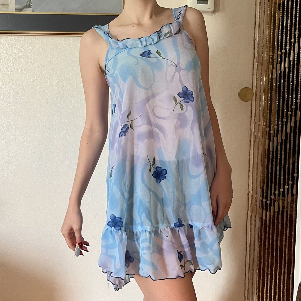 Vintage Y2K Purple and Blue Mini Babydoll Nightgown Size S Coquette